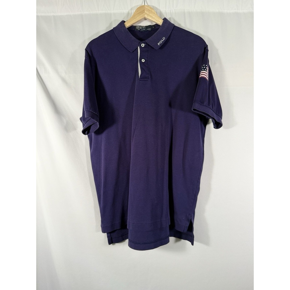 POLO Ralph Lauren Golf Shirt Navy Blue w/ White Placket Flag Print on Arm Men L